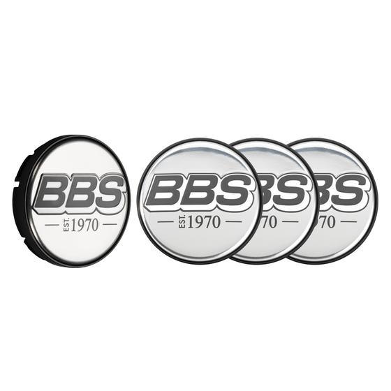 BBS 2D Nabendeckel EST. 1970 Chrom mit Geprägtem Logo Grau/Weiss Set (4 Stück)